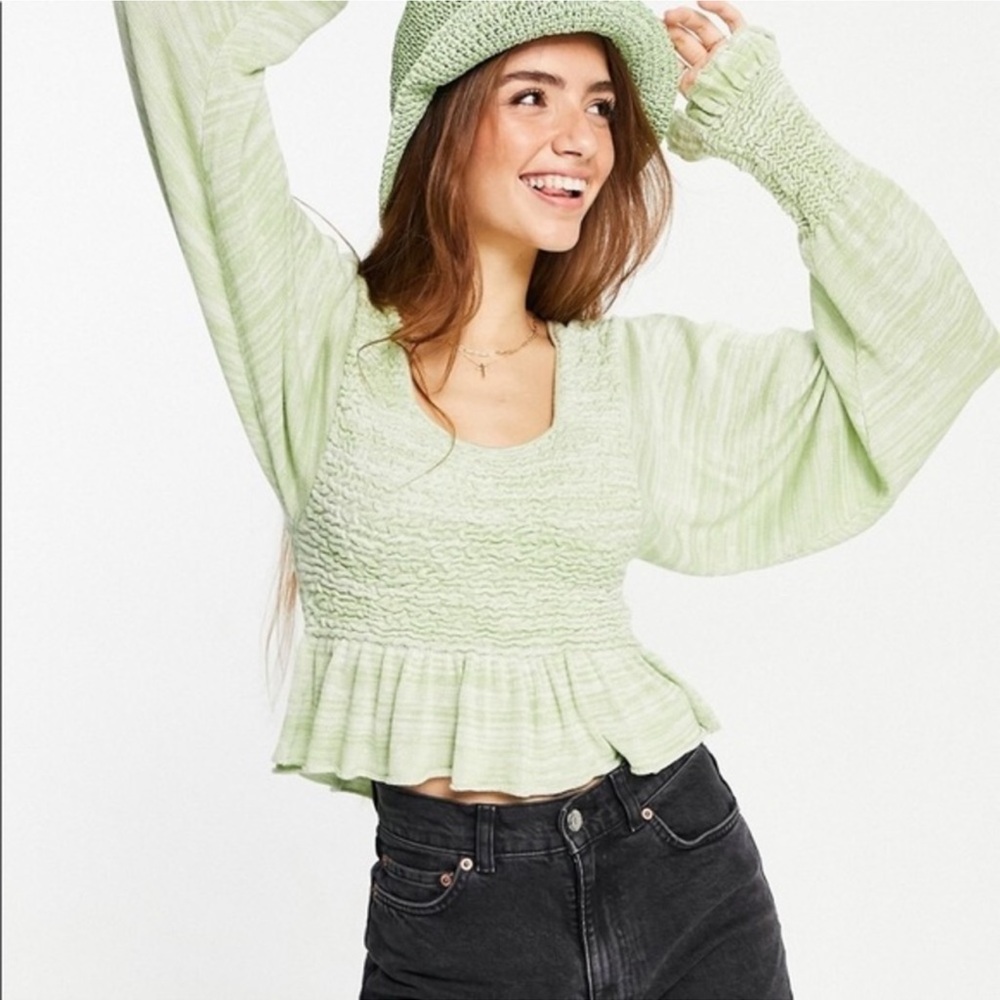 Free People Free Spirit Smocked Peplum Knit Balloon Sleeve Top Size Small